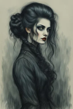 create full body oil pastel of a dark haired, savage, gothpunk vampire girl with highly detailed , sharply defined hair and facial features , in a foggy 19th century Moscow, in the style of JEAN-FRANCOIS MILLET