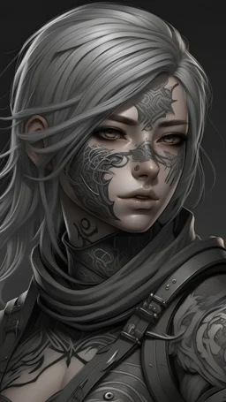 Realistic brutalist anime art style. A woman, lean, porcelain skin with scars. A grey blindfold covering her eyes. Semi-long ash grey hair with wavy texture. With many tattoos and piercings. Wearing an leather armor with faint patterns.