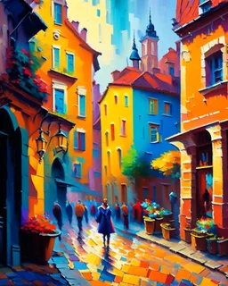 A vibrant, impressionist painting of a quaint, cobblestone street lined with colorful buildings, bustling with people and life, using loose brushstrokes and a lively color palette to convey the energy and charm of the scene.