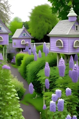 garden with lilac birdhouses