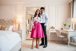 very beautiful lady with beautiful midi skirt and blouse standing next to her couple in a luxury bedroom with high heels next to makeup desk looking to camera