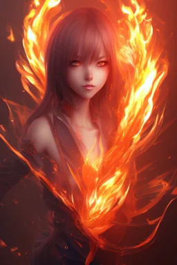 3d Anime girl close and personal but beautiful in fire background