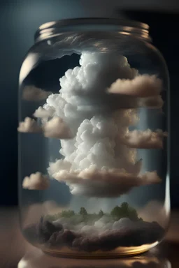 a Thundercloud over a realistic miniature world inside of a glass jar, widescreen, zoomed out, cinematic, photo, realistic