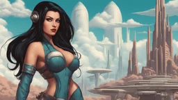 exotic sci-fi pin-up girl, with long dark hair, on an alien planet with cloud trees, tall spires and buildings