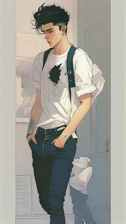 Teen man, black hair, perfect face, style of tomer hanuka, jeans, white, t-shirt, pompadour