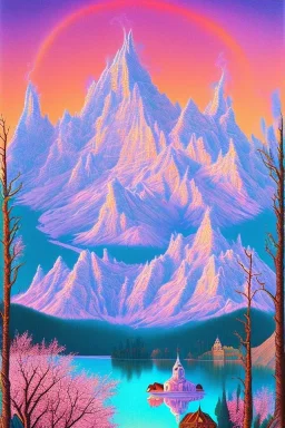  mountain topped with pink ice-cream, lake, trees, mystical, Fauvism,