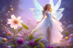 one very little beautiful fairy on a big crystal subtle flower in a galactic ambiance, transparent petals, delicate colors, in the foreground, full of details, smooth, bright sunshine，soft light atmosphere, light effect，vaporwave colorful, concept art, smooth, extremely sharp detail, finely tuned detail, ultra high definition, 8 k, unreal engine 5, ultra sharp focus