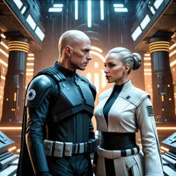 a bold and heroic bald male Corellian pilot in black and metallic grey First Order special forces gear meets a female Jedi Master in ancient, mystical temple, hyperdetailed, dynamic lighting, hyperdetailed background, 8k resolution, volumetric lighting, light skin, fully symmetric details