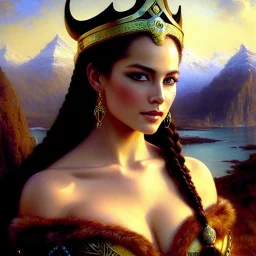 portrait beautiful face viking queen,braids,busty,horned helmet,snow,castle,mountains,ancient leather armor, balanciaga fashion clothe painting by gaston bussiere, greg rutkowski, yoji shinkawa, yoshitaka amano, tsutomu nihei, donato giancola, tim hildebrandt, oil on canvas, cinematic composition, extreme detail,fit full head inside picture,16k