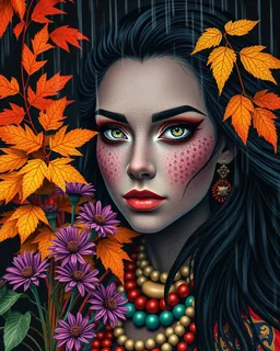 Vibrant autumn foliage in a rain-kissed setting, Ikebana arrangement, Haiku poetry inspiration, Japanese garden elements, autumn asters, Utagawa Hiroshige essence, Isaac Levitan influence, woman with dark skin, tribal markings, mysterious expression, piercing eyes, flowing black hair, colorful beads, layered textiles, bright hues, ornate jewelry, cultural richness, dark, blurred backdrop, GoBi, Наталья И-ва.Mystical character with pale blue scaly skin, icy green eyes, dark eyeliner, cascading da