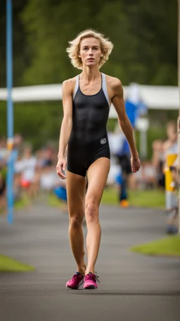 anorexic beautiful girl, age 21, total shot, short silver triathlon swimsuit, blonde wavy bob haircut, blurred background