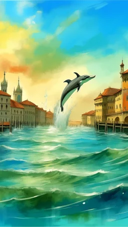 Dolphin jumping high in the city of Venice water, Bosch painting style