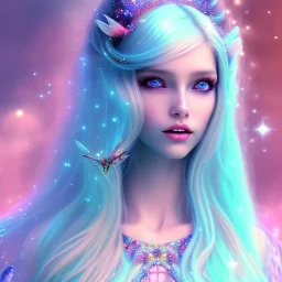 beautiful, soft, big smile face, whole head, long straight blonde hair blues eyes, crown on the head, clothing in transparent bluish and pink veil,fairy wings on the back, background brillante bluish and pink, hight definition, 8K