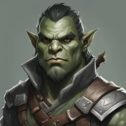 dnd, portrait of Half-Orc hunter ranger. Greyish green skin.