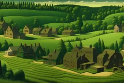 A dark green grassy town with wooden houses painted by Grant Wood