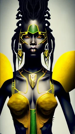 A woman has dark skin, yellow eyes and black dreads. Her face show her superiority in the eyes of others. She is dressed in a steel armor with a few pieces of yellow and green fabric sticking out.