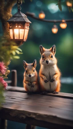 magazine cover with black border, adjust hue for evening, close up portrait of ninja fox squirrel by lake on dark wooden bridge couple with strange cute huge eyes from a tree house in wonderful enchanted magical forest with amazing variety of plants and flowers and garden lanterns,bokeh like f/0.8, tilt-shift lens 8k, high detail, smooth render, down-light, unreal engine, prize winning