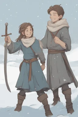 DnD style, two medieval peasant kids playing in the snow, female age 14 and male age 15, happy and playful, he has a short sword.