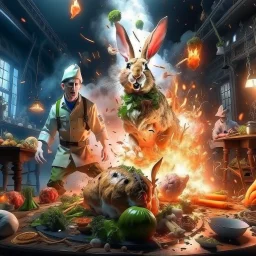 infernal portrait of chopped crazy scientist and army officer irradiating food inside grove with huge fluffy levitating yoga hare with nightmare mutations getting blasted by explosions, 4 k, down-light, soft light, depth of field, photo realism, trending on art station, high detail, spray paint