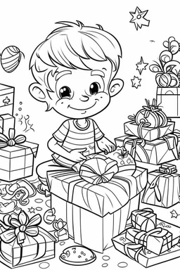 coloring page for kids, , cartoon style, thick outline, low details, no shading, no color, Kids unwrapping gifts on Christmas morning.