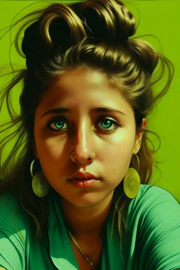 Create an eye-catching, nostalgic album cover for Gisèle's "Bad News." Gisèle, a 23-year-old European artist, blends mystery and joy. Embrace an '80s-inspired aesthetic with prominent green and gold typography for "Bad News" and "Gisèle." Incorporate intricate, surrealistic eyes, akin to Little Simz's style. Infuse a playful, edgy feel to mirror the song's sarcasm while maintaining a joyful vibe. Gisèle wears a bun. And is funny