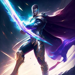 A legendary and wonderful long sword with in hand,A superhero man with infinite power and technology from the galactic race