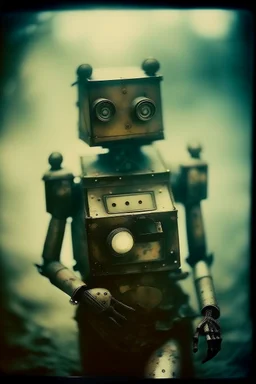 steampunk, vintage analog polaroid of a woman robot, female body, fog, lomography, heavy film grain, night, color bleed, depth of field, bokeh, retro