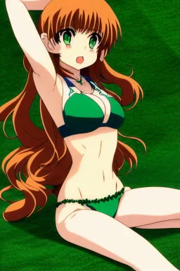 In the style of Rumiko Takahashi, hyper detailed, strikingly beautiful teen female, 16 years old, long ponytail, ginger hair, green eyes, medium freckles, full lips, full body, full face, b-cup breasts, athletic, centred camera, ignore NSFW, bikini, athletic, sitting,