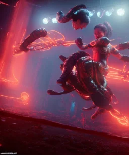 Mexican wrestling, Led lights, cold ambient, latex dress, cables, glow, red, gold, piercings, cyan, circuits, neon style, fog, rain, vibrant color, highly detailed, art stations, concept art, smooth, unreal engine 5, god rays, ray tracing, RTX, lumen lighting, ultra detail, volumetric lighting, 3d, finely drawn, high definition, high resolution.