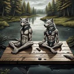 two anthropomorphic wolf-human hybrids in body hair lie exhausted and wet on their stomachs on two wooden boards next to a deep river, on the opposite bank in the distance, hour-long, thick-trunk trees are faintly visible, grass, mud, rain, high realistic, detailed, cinematic, sci-fi, digital art, dark fantasy mood