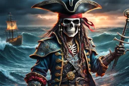 Skeleton pirate in 8k anime cgi drawing style, sea, Storm, close picture, rain, neon, highly detailed, high details, detailed portrait, masterpiece,ultra detailed, ultra quality