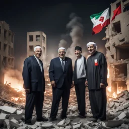 Hyper Realistic Arab countries leaders smiling devilish standing outside the rubble of a destroyed building in Gaza at night with Palestine flag behind