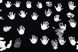 multiple white hand prints on a solid black background. some hand prints have finger streaks
