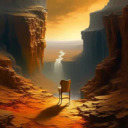 oil painting, an old track on a tall cliff, a man standing on the cliff and looking at the flooded city below him