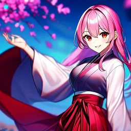 8k, Girl, high quality, detailed, pink hair, red eyes, beautiful lighting, vibrant colors, smiling, hakama