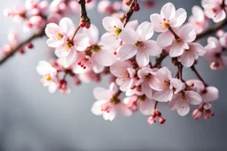 fantastic light pin gray background with four bunches of cherry blossoms on blurred background