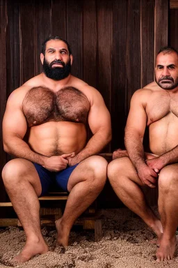 full body shot photography of two arabs angry beefy and strong carpenters unshaved embraced, ugly sitting in a steamy sauna, open legs, 48 years old, burly sweaty manly chest, angry eyes, lot of steam, photorealistic, hyper defined, 35mm lens, frontal view from the ground