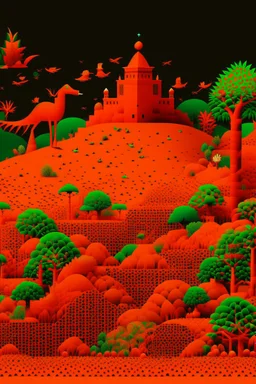 A dark orange colored digital realm with pixels designed in Indian Gond art painted by Frank Wilson