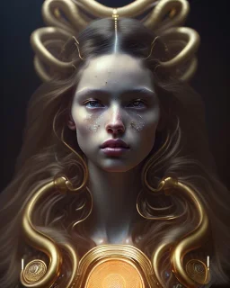  beautiful, long hair, wavy hair, curly hair، black eyes, head and shoulders portrait, cinematic, 8k, resolution concept art portrait by Greg Rutkowski, Artgerm, WLOP, Alphonse Mucha dynamic lighting hyperdetailed intricately detailed,jewelry ,golden hour,snake goddess