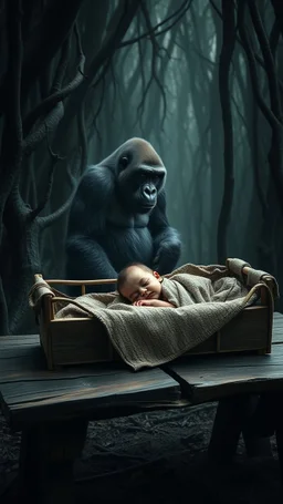 A gorilla standing wandering in the background of black vein, human veins, mixing together a lot of them, like a forest, big and small veins a lot of them, a baby sleeping in a crib covers with blankets on an old broken wooden table