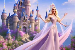 castle in background, beautiful, soft, big smiling, straight and long blonde hair, blues eyes, dewy and shiny atmosphere, diamond crown, long fairy wings in the back, full head, pink veil clothes