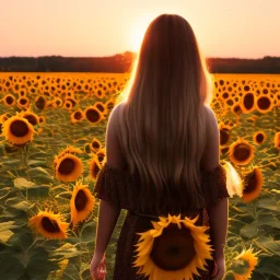 woman, back view, long brown dress, blond hair, sunflower field, sunset