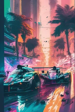 a miami gp poster with two racing cars, in the style of dan mumford, ismail inceoglu, impressionistic city scenes, alexandr averin, ferrania p30, raw energy, konica auto s3