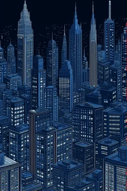 Fine lines draw of a dream city , nyc building , dark blue