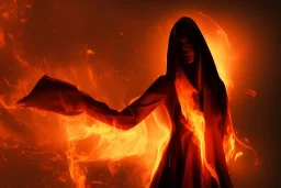 Cloaked woman holding fire, Dark moody night atmosphere, 8K, high body details, anatomically perfect bod