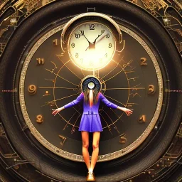 a girl going into a big clock portal, a clock as a time travel machine, glowing, luminescent, realistic, intricately detailed, meticulously detailed