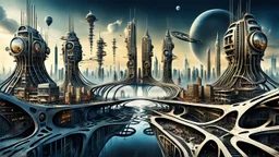 a stunningly weird image of a futuristic twin metropolis using Salvador Dali's paranoiac-critical method, where buildings and structures appear to melt into the skyline cityscape is filled with floating mad, twisted sharp metal shapes that interact with the buildings and each other, with forming a surreal tableau of a dreamlike reality with moving ways. neu-steampunk vibe, essence of the scene in a cinematic manner, with that enhance the distorted perspectives and bizarre, futuristic surreal