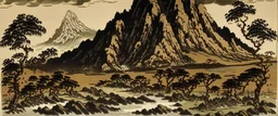 A dark brown mountain with tar pits painted by Katsushika Hokusai