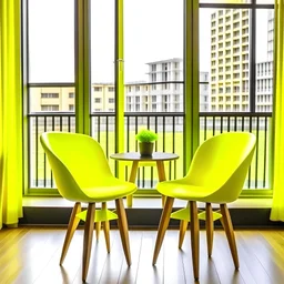 two yellow chairs on a table next to a window,