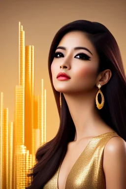 Young business woman, dark orange eyes, dark brown hair, elegant hair, thin lips, gold hoop earrings, waist up portrait, 8k resolution, intricate details, ornate details, soft lighting, vibrant colors, retroanime, masterpiece, realistic, intricate eyeliner, dark eyeshadow, eyes,futuristic cityscape background